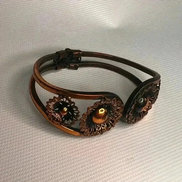 VTG Solid Copper heavy Weave Design Hinge etched Bangle Bracelet Basket Weave - Picture 6 of 10